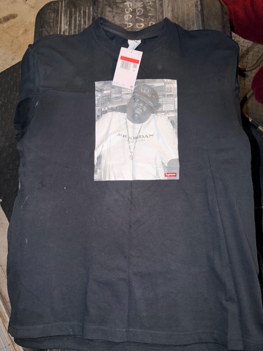 Supreme Black Tee with Monochrome Photo Print and Red Tab